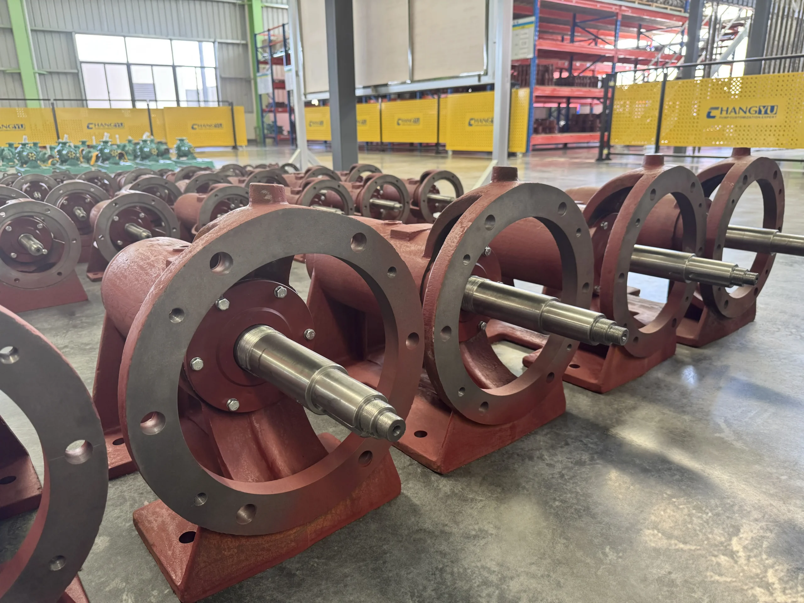 Pump components and shaft assemblies in the Changyu Pump production workshop