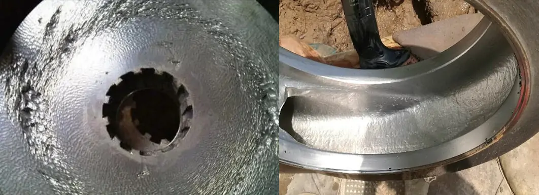 Damaged pump impeller surfaces illustrating cavitation damage