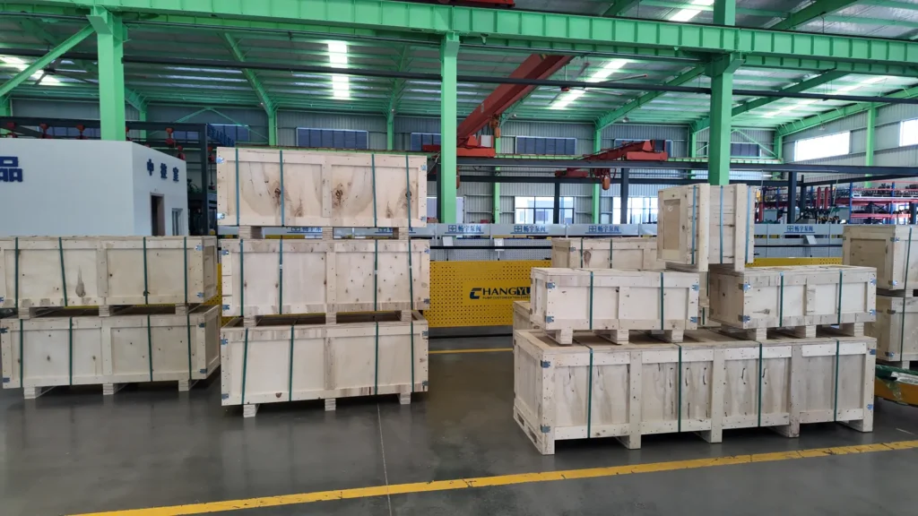 Wooden crates for the CYA water pump shipment to Kenya arranged in the Changyu workshop.