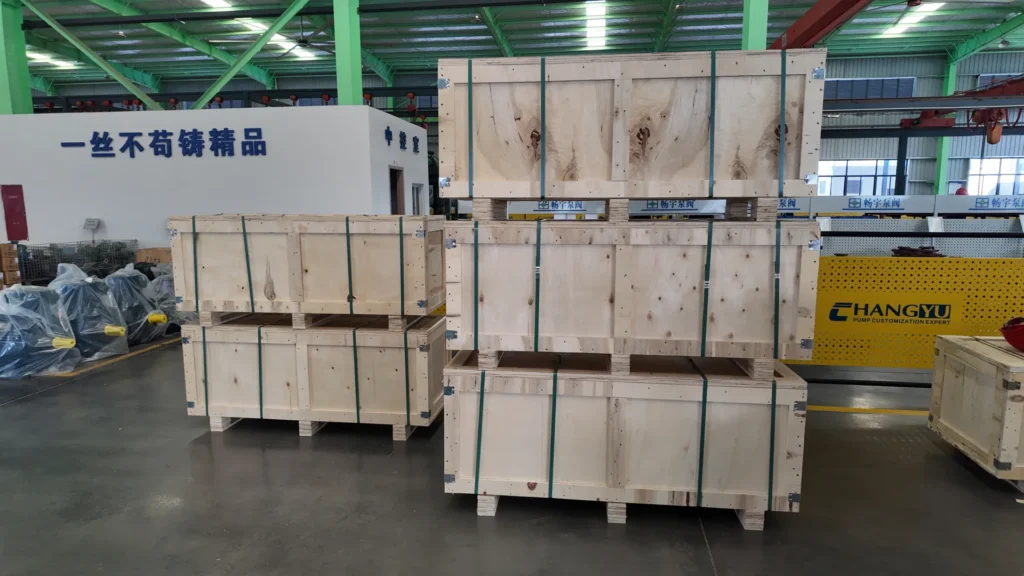 Strapped wooden crates in the Changyu workshop for the October Kenya pump shipment.
