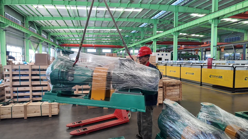 Wrapped CYH chemical centrifugal pump assembly being lifted in the Changyu factory for shipment to Brazil.