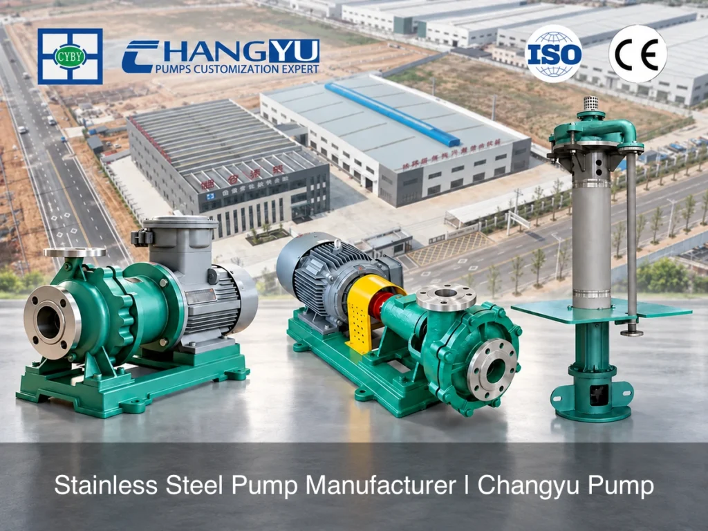 مصنع مضخات الفولاذ المقاوم للصدأ Changyu Pump: مضخات CYC وHB وFY مع المصنع في الخلفية