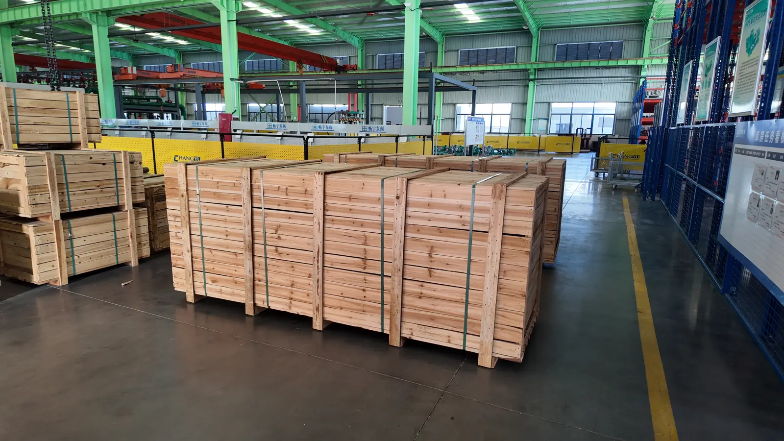 Wooden crates arranged in the Changyu factory dispatch area for the Morocco pump order.